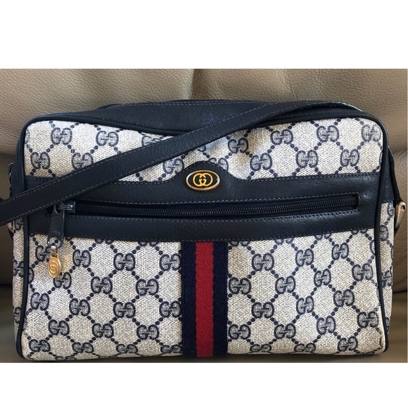 Authentic Vintage Gucci Web Monogram Canvas Navy Leather Camera Bag with COA